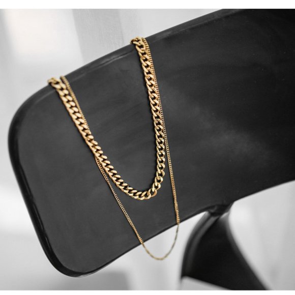 18K Gold Plated Double Layer Link Chain Necklace - Picture 4 of 8